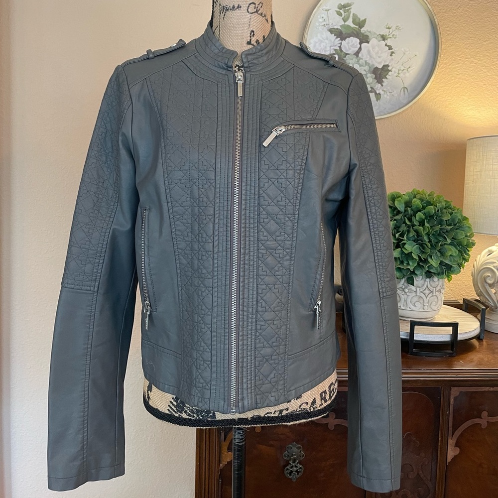 Bernardo Gray Faux Leather Moto Bomber Jacket